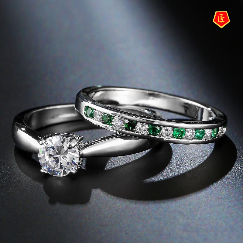 [Ready Stock]Simple Elegant Emerald Diamond Ring Set