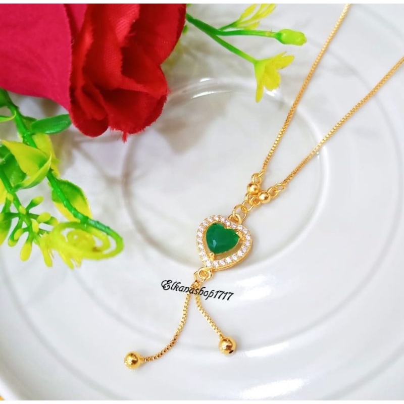 KALUNG LOVE PERMATA GREEN OLIVE LAPIS EMAS18K ANTI KARAT