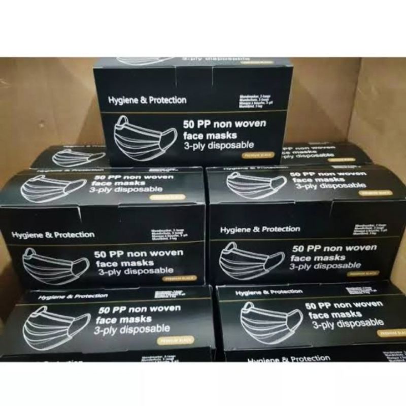 MASKER MEDIS HITAM / MASKER EARLOP 3PLY  (ISI 50 PCS) + BOX