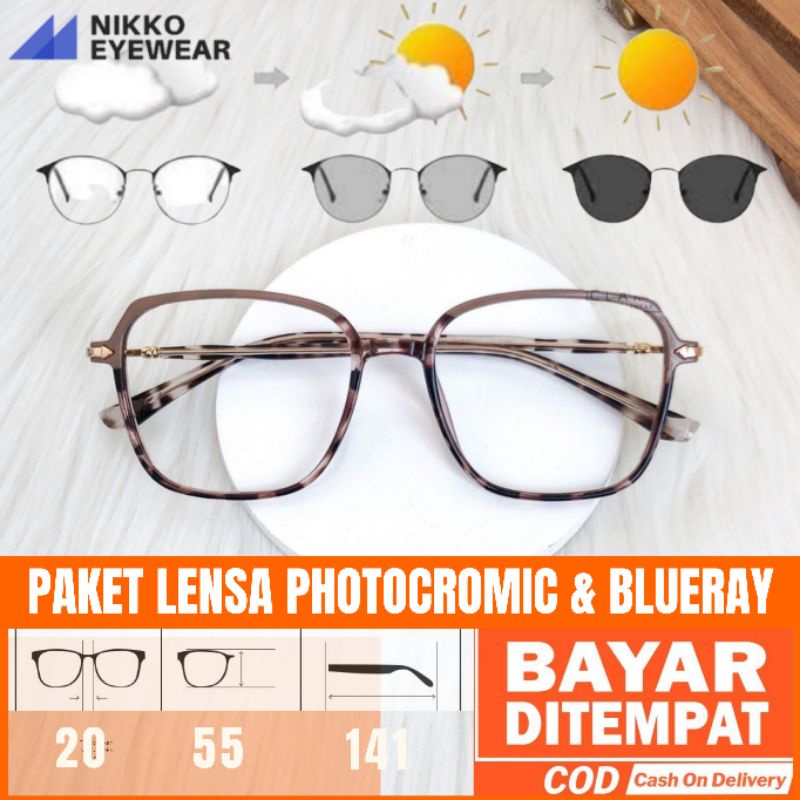 Paket Kacamata 90028 Lensa Photocromic Blueray Lensa Antiradiasi 2 IN 1