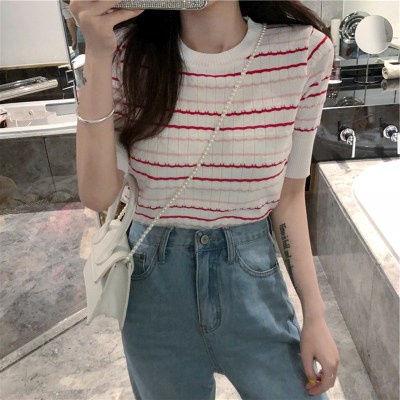 XIAOZHAINV Korean Style Knit Stripe Kaos Atasan Wanita 3203