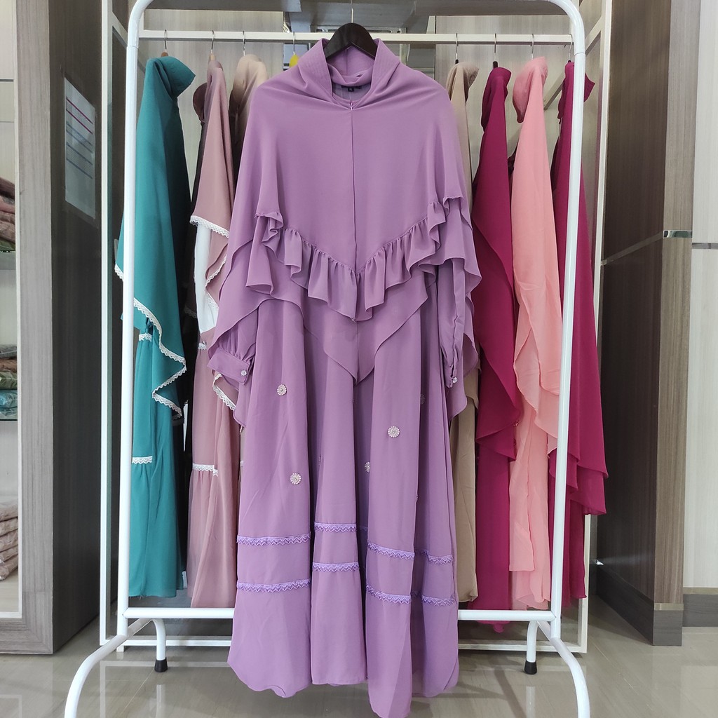 Gamis Syari Ceruty Babydoll  Bordir Set Khimar Dress Muslim Mewah Ibu ibu Jumbo