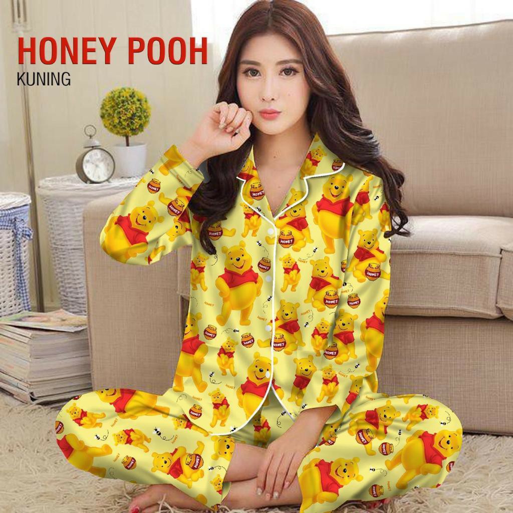 BJ-Piyama PP XXL Wanita Dewasa Murah - Baju Tidur Lengan Panjang-Pooh Honey Kuning