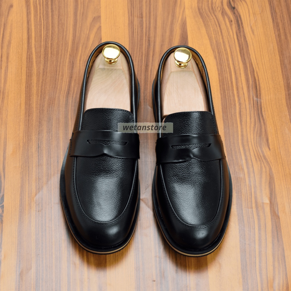 Sepatu Pantofel Penny Loafers Klasik Slip On Pria Hitam WETAN PARAHYANGAN Bahan Kulit Asli Ukuran Besar Jumbo