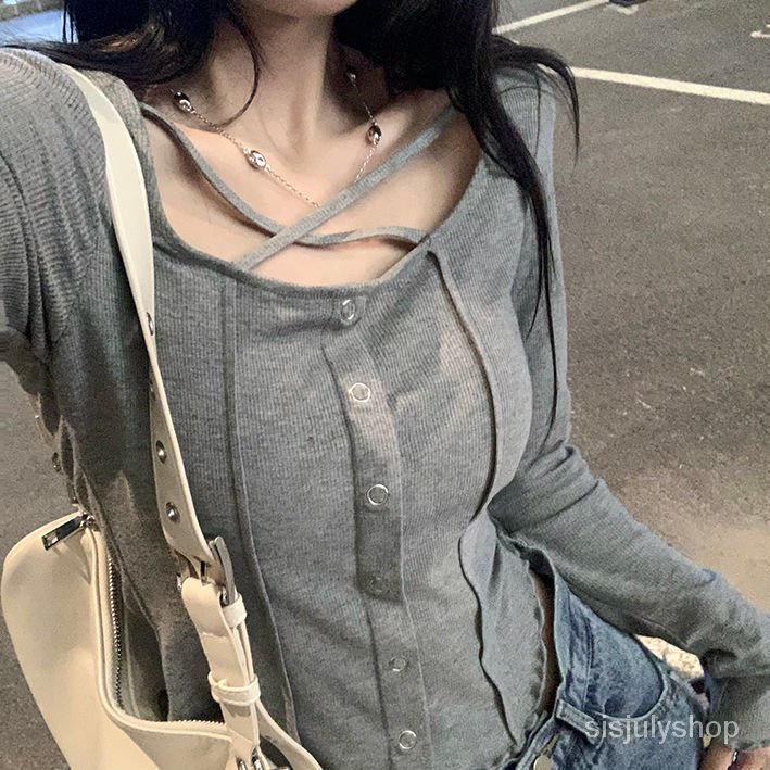 #Sisjuly#Atasan Wanita Ramping Lengan Panjang Ramping Cocok Untuk Semua T-shirt Bawahan Tipis Rampin