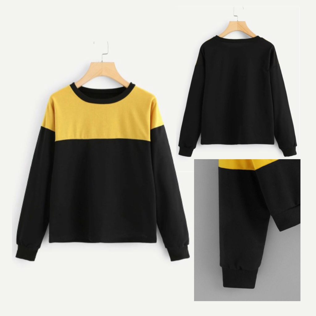 Sweater round neck 2D casual jaket warna hitam kombinasi kuning hoodie untuk pria/wanita/unisex/coup