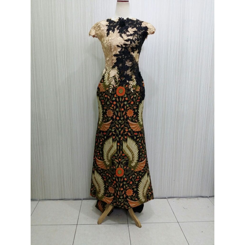 Baju Pesta Batik Katun Printing Kombinasi Brokat Long Dress Batik Gaun Pesta Modern Batik Kombinasi