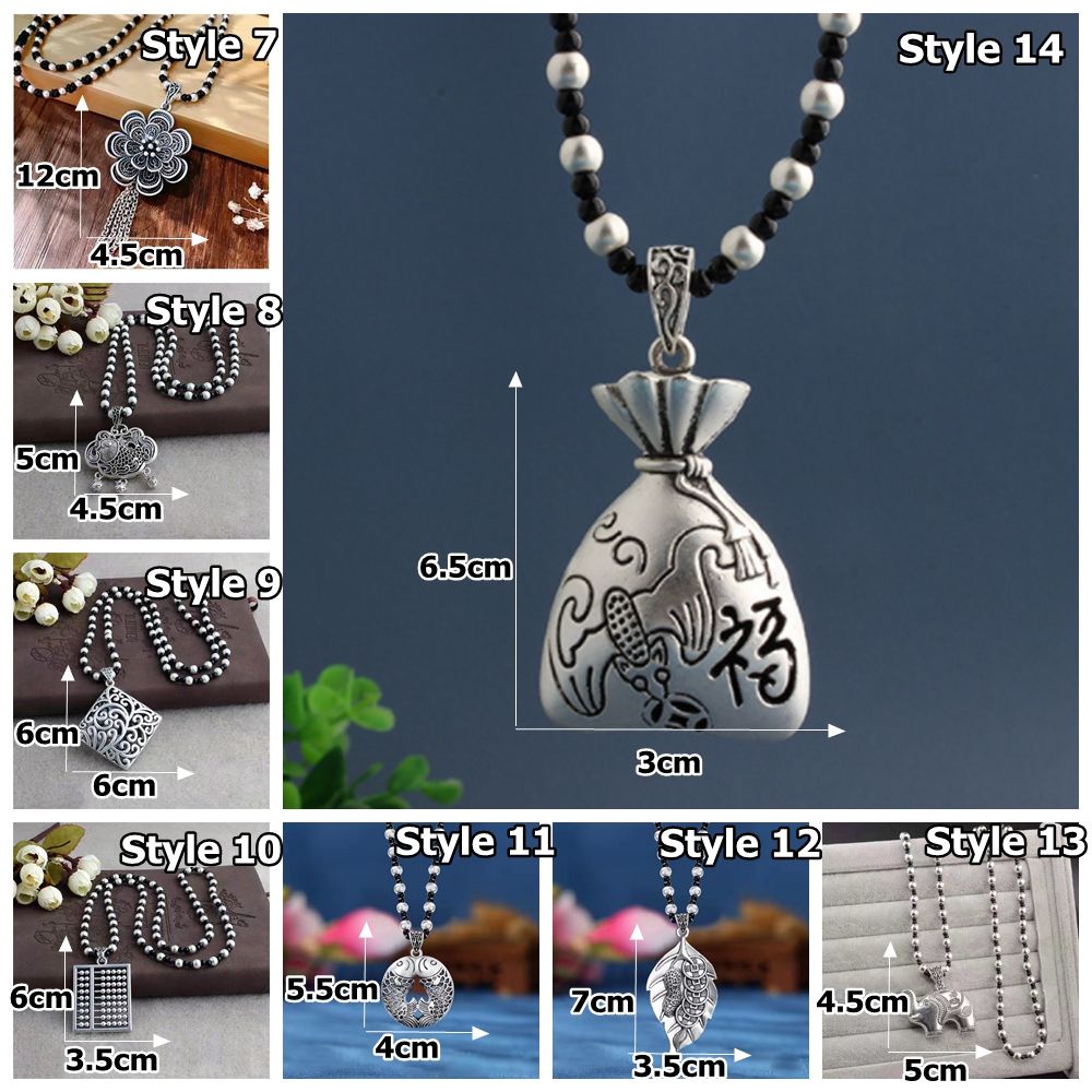 Kalung Rantai Manik-Manik Liontin Abacus Lotus Tibet Etnik Nepal Vintage Warna Silver Untuk Pria Dan Wanita