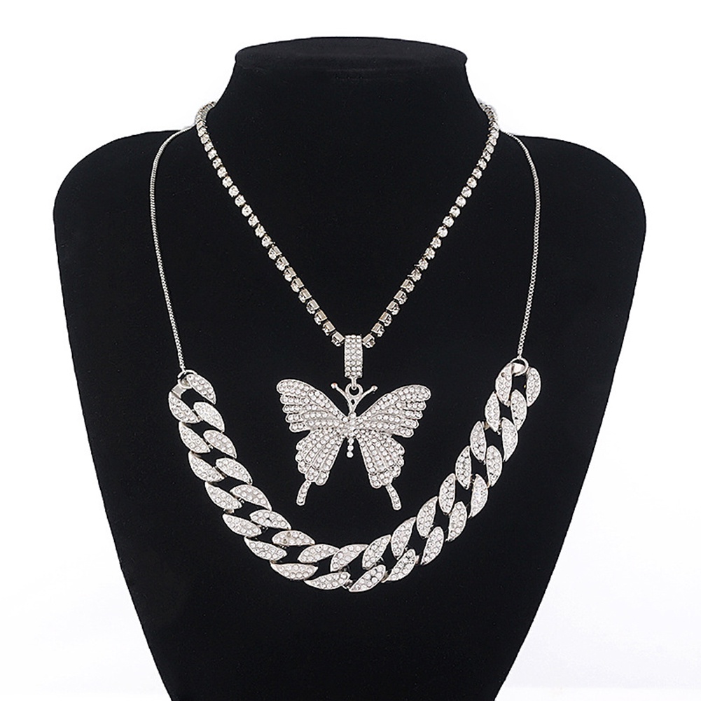 Hu Hu Hu Hu Hu Alat Bantu Pasang Kacamata♡ Kalung Rantai Liontin Kupu-Kupu Berlian Imitasi Dua Lapis Untuk Wanita