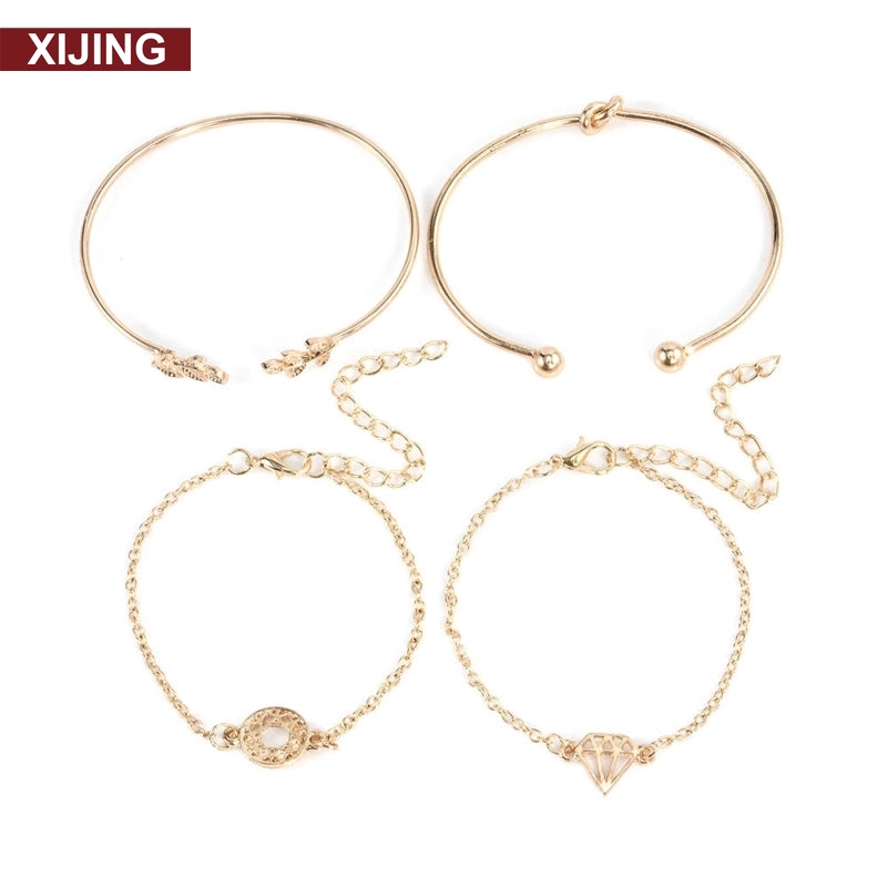 4pcs / Set Gelang Bangle Model Terbuka Dapat Disesuaikan Desain Daun Simpul Warna Emas