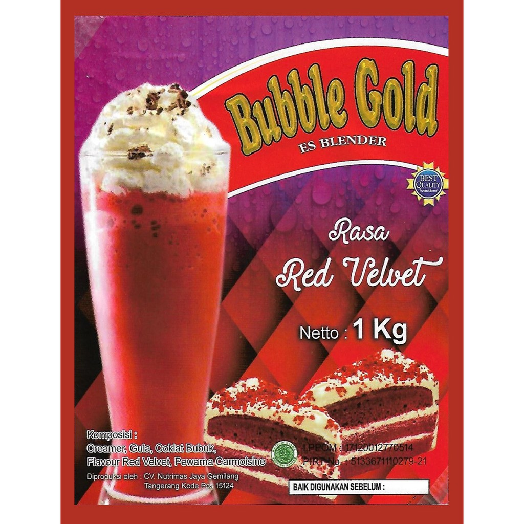 

KEMASAN 1KG BUBBLE GOLD RED VELVET | SERBUK MINUMAN RASA REDVELVET 1KILO