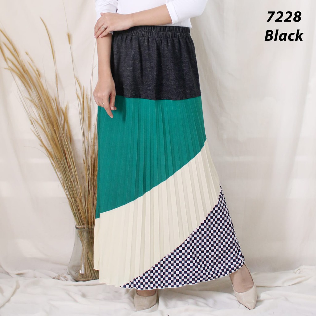 ROK PLISKET WANITA KOMBINASI 7228 PLEATS SKIRT KOMBINASI WARNA TWO TONE TURUN HARGA