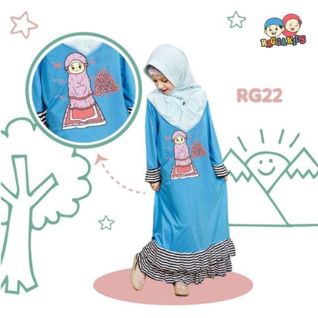 (2-12 tahun) RG 22 Raggakids Baju Muslim Gamis Kaos Anak Remaja Dress Biru Karakter : Ayo Sholat Lim