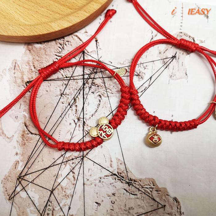 Eishaw | Gelang Tangan Tali Desain Kepang Warna Merah Ala Cina Untuk Pria /