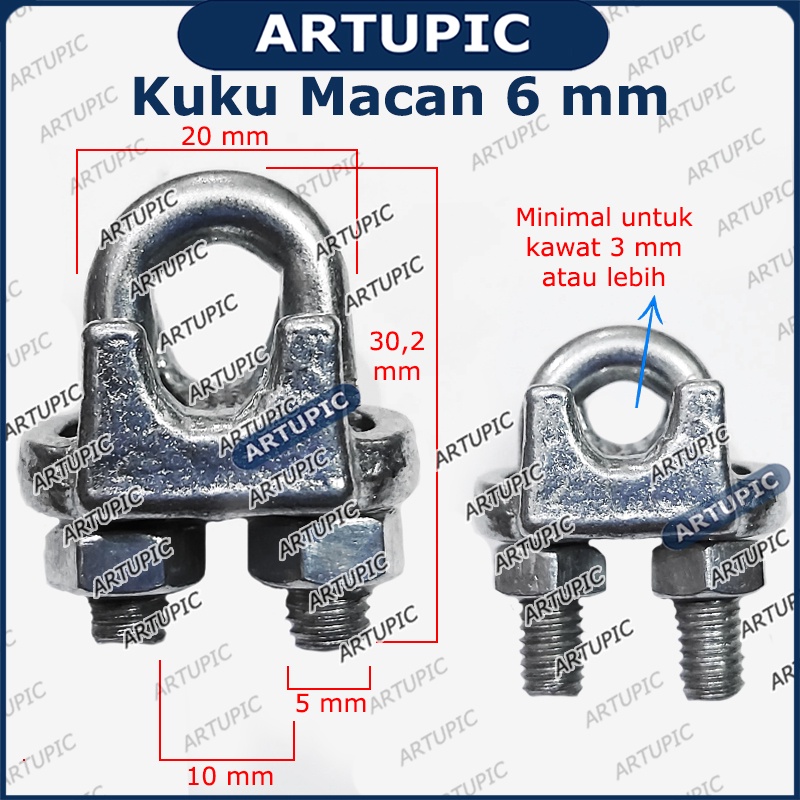 Kuku Macan 6 mm Klem Seling Wire Clip Clamp Tali Kawat Baja Kabel Seling Sling 6mm