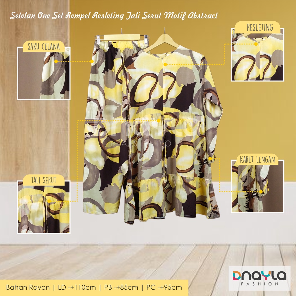 One Set Rempel Resleting Tali Serut / Setelan Celana Panjang / Setelan Baju Wanita Motif Abstract