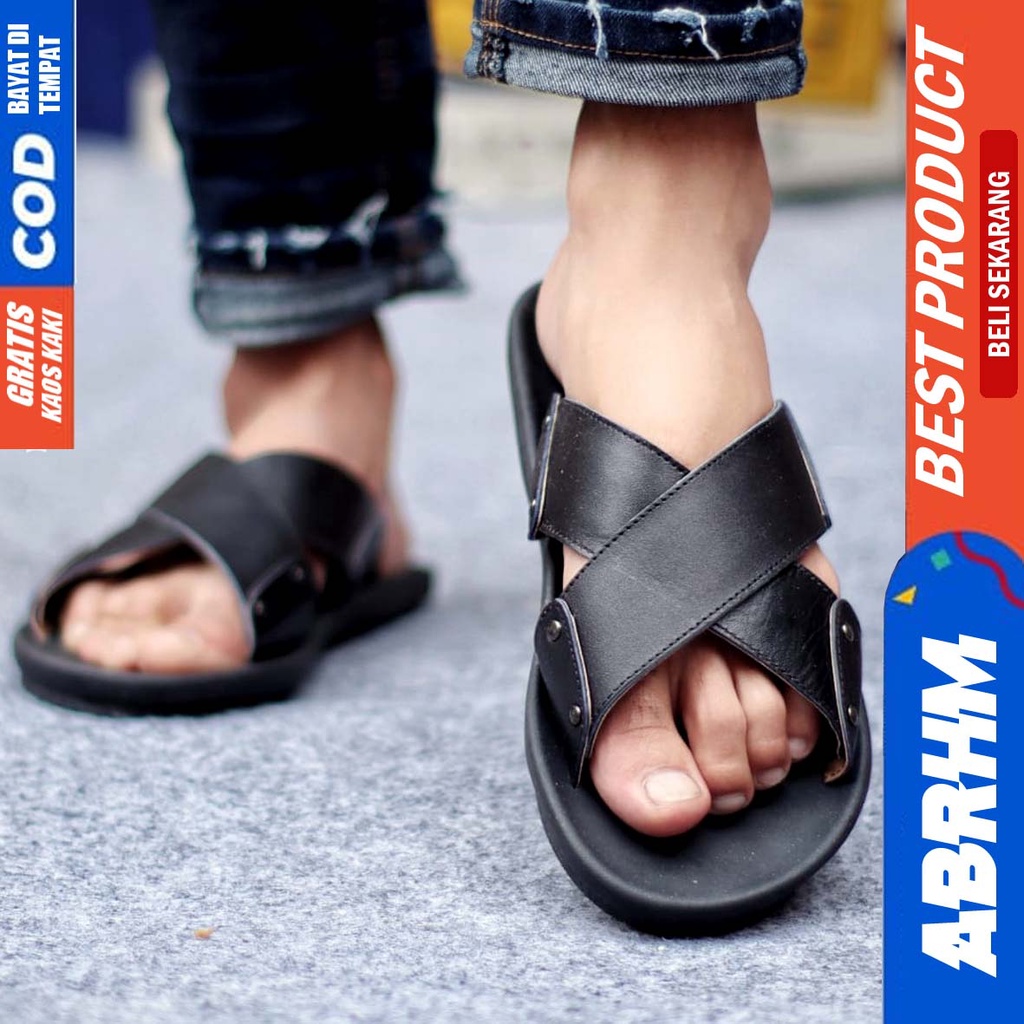 ABRHM x XMIN Sandal Slide Pria Sandal Slop Pria Kulit Asli Sendal Selop Cowok / Cowo Ori Kekinian