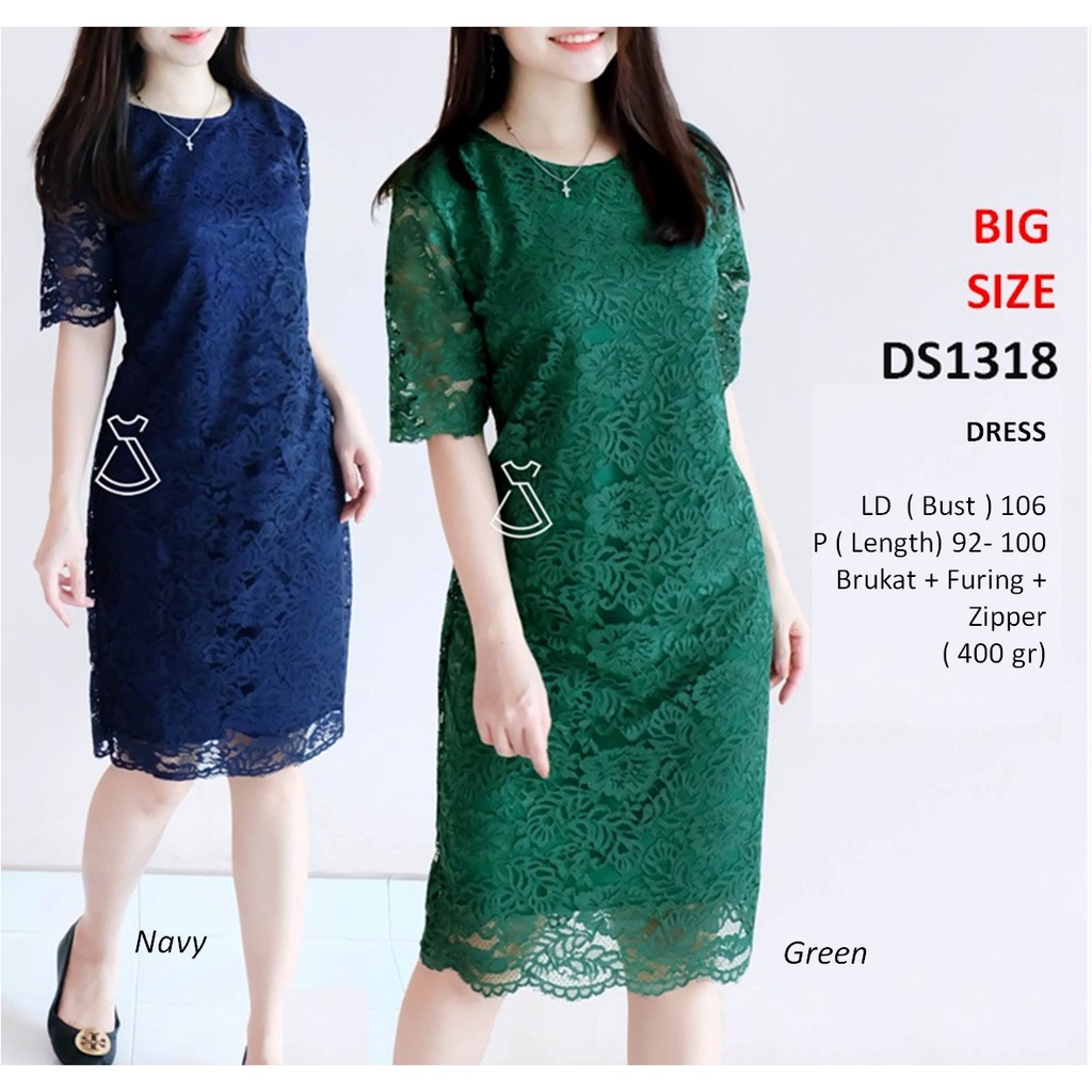 DS1318 - DRESS PESTA BRUKAT LACE MIDI SEPAN DRESS NATAL WANITA BIG SIZE