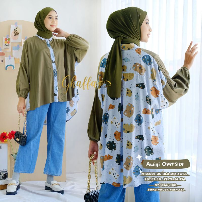 AWIGI OVERSIZE BY GHAFFA THE LABEL / BLOUSE MOTIF WANITA MUSLIMAH / rayon viscose adem