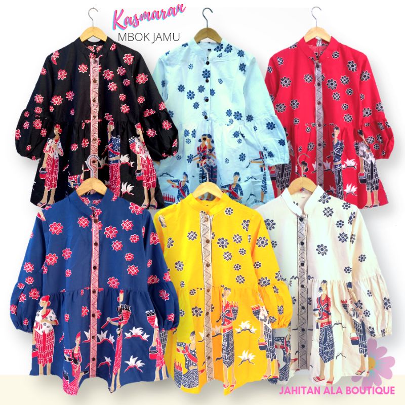 KASMARAN - Atasan Baju Batik Wanita Modern - Motif Karakter Mbok Jamu - Atasan Batik Wanita Kerja Ju