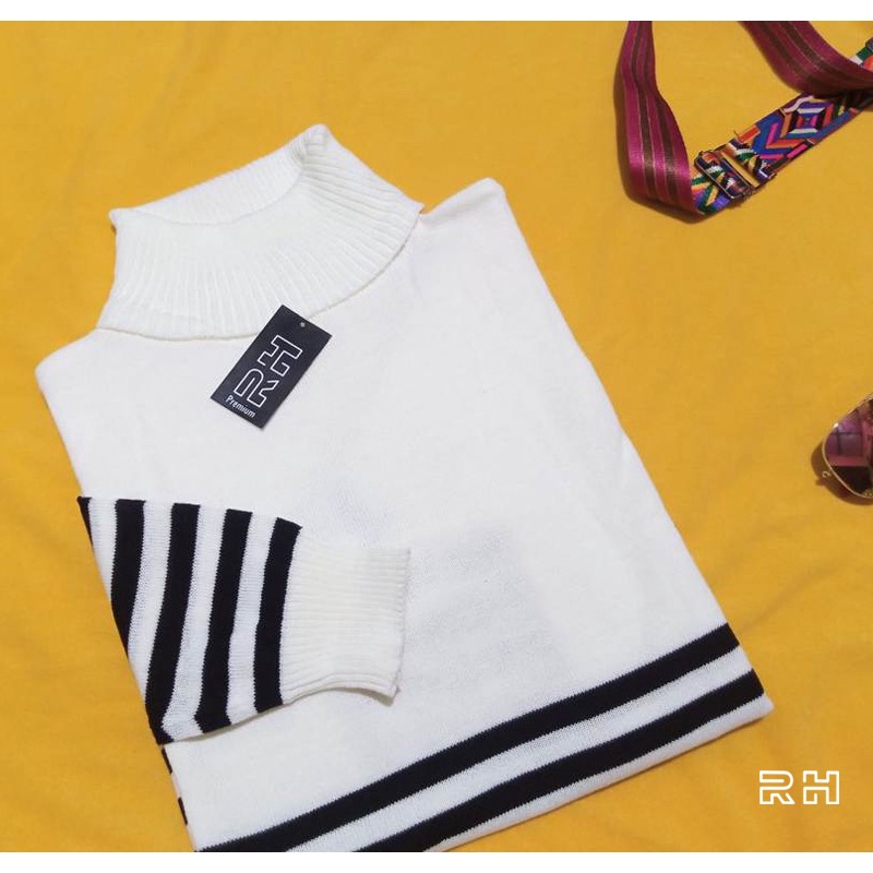 sweater rajut pria dewasa lengan panjang kerah tinggi turtle neck garis garis switer belang