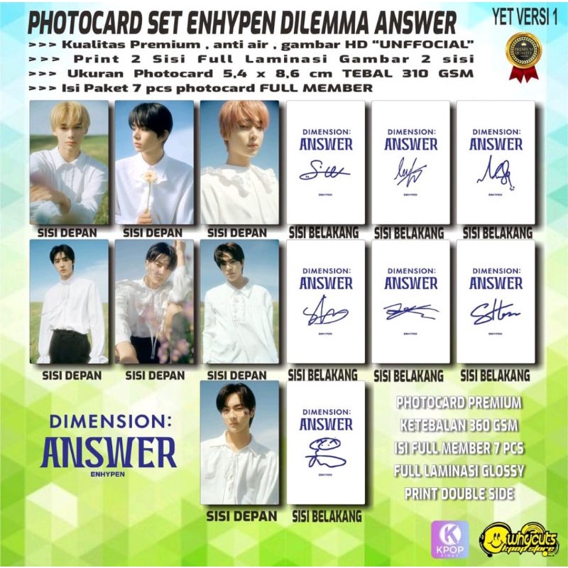 PHOTOCARD SET KPOP PREMIUM ENHYPEN // DIMENSION ANSWER // ISI 7 PCS // Print 2 sisi full laminasi