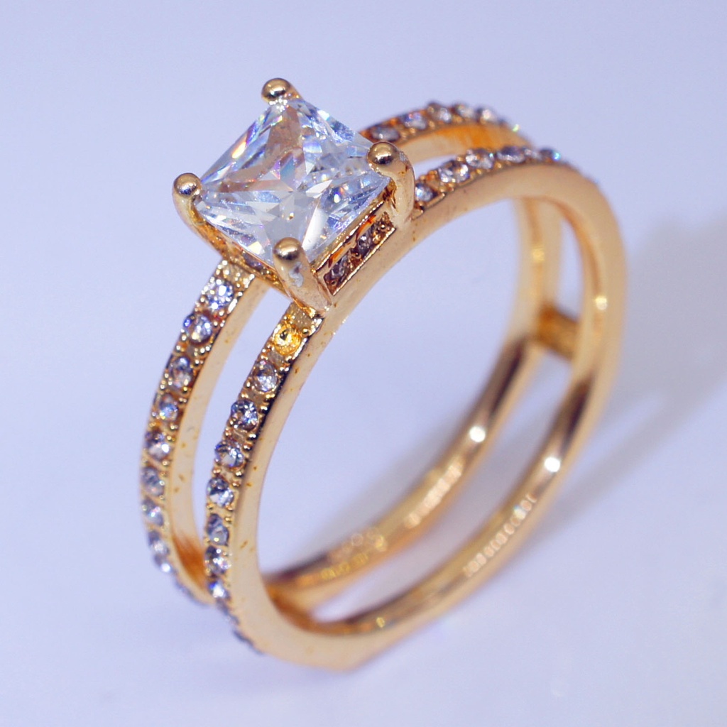 Hu Hu Hu Hu Hu Alat Bantu Pasang Kacamata♡ Cincin Wanita Model Lapis Ganda Bentuk Persegi Aksen Berlian Imitasi Untuk Pernikahan