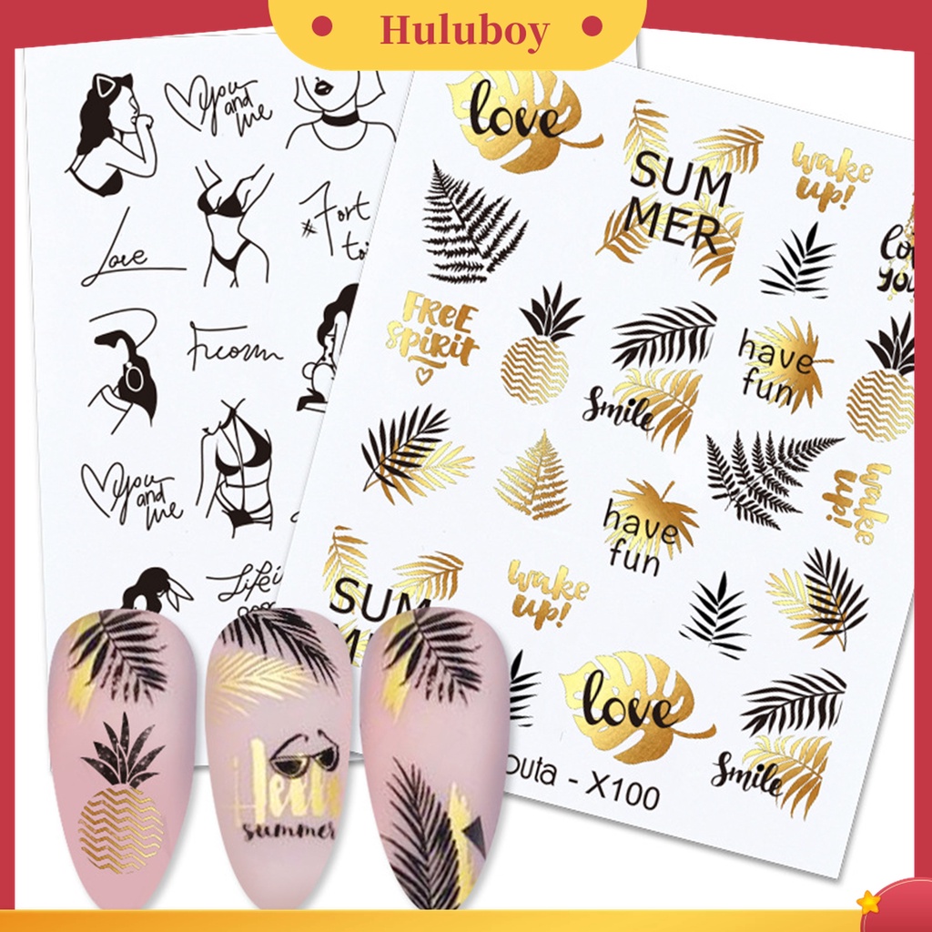 Huluboy Huluboy♡ Stiker Kuku 3D Motif Daun Bunga Hati Untuk Wanita