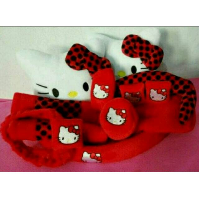 BANTAL SET 9 IN 1 MOTIF HELLO KITTY MERAH BINTIK HITAM UNIVERSAL MOBIL