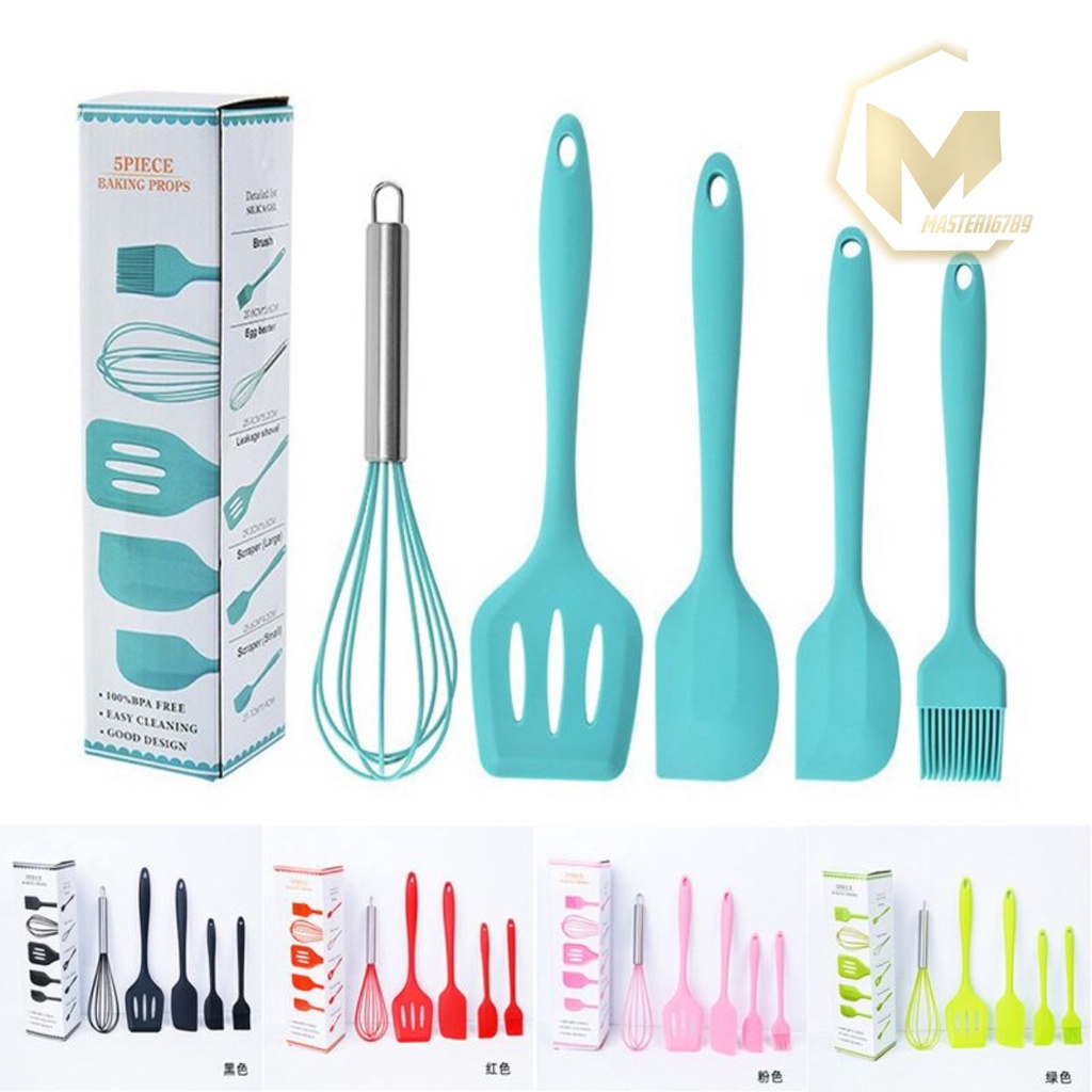 RT81 Alat Masak bahan silikon Silicone Utensil Spatula Cooking Baking Props Set 5pcs Peralatan Masak 5 in 1 Tahan Panas BPA Free MA2752