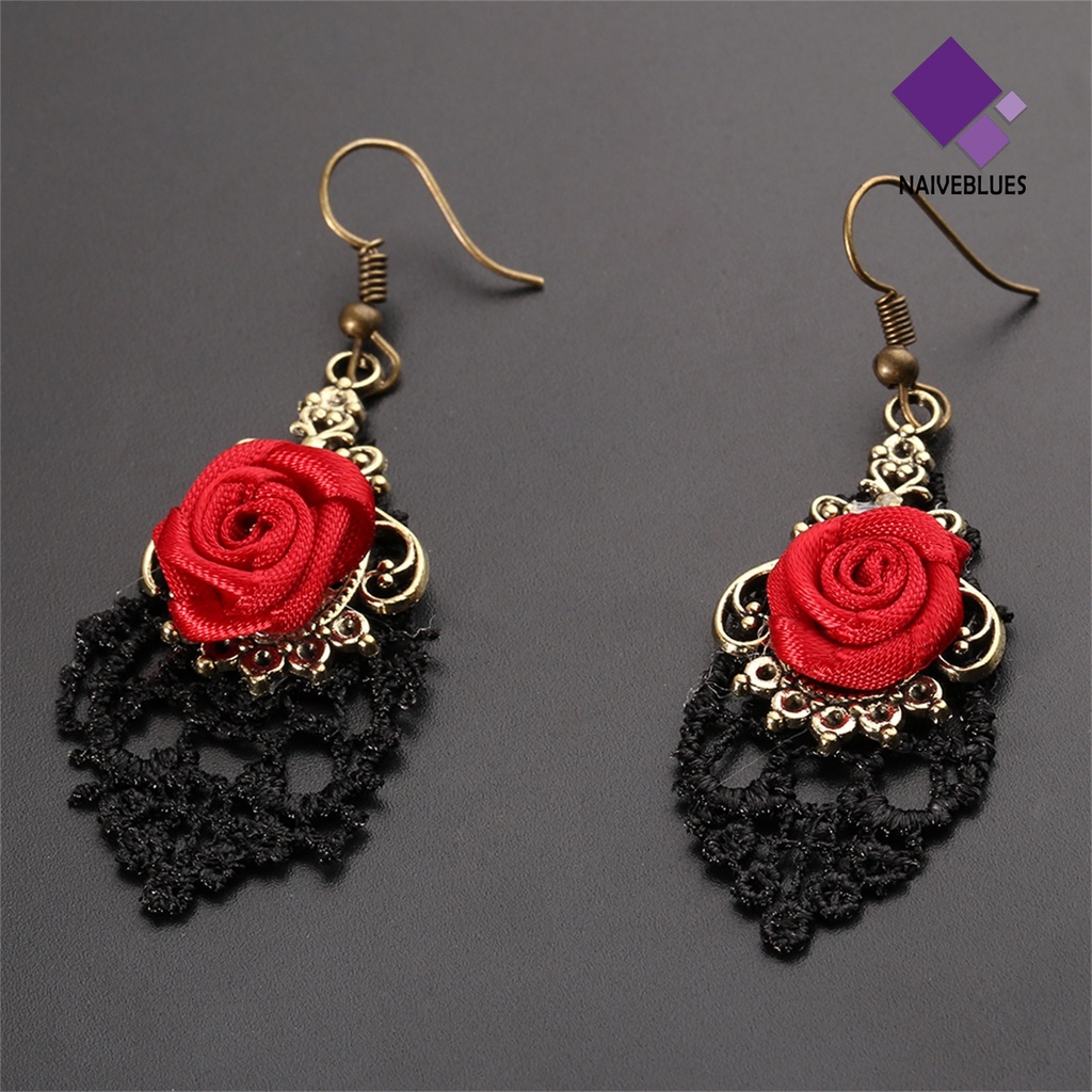 1 Pasang Anting Kait Gantung Wanita Desain Renda Hollow Warna Merah Untuk Hadiah