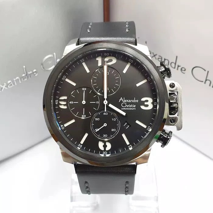 JAM TANGAN PRIA ALEXANDRE CHRISTIE AC 6280 / AC6280 SILVER RING BLACK LEATHER BLACK ORIGINAL