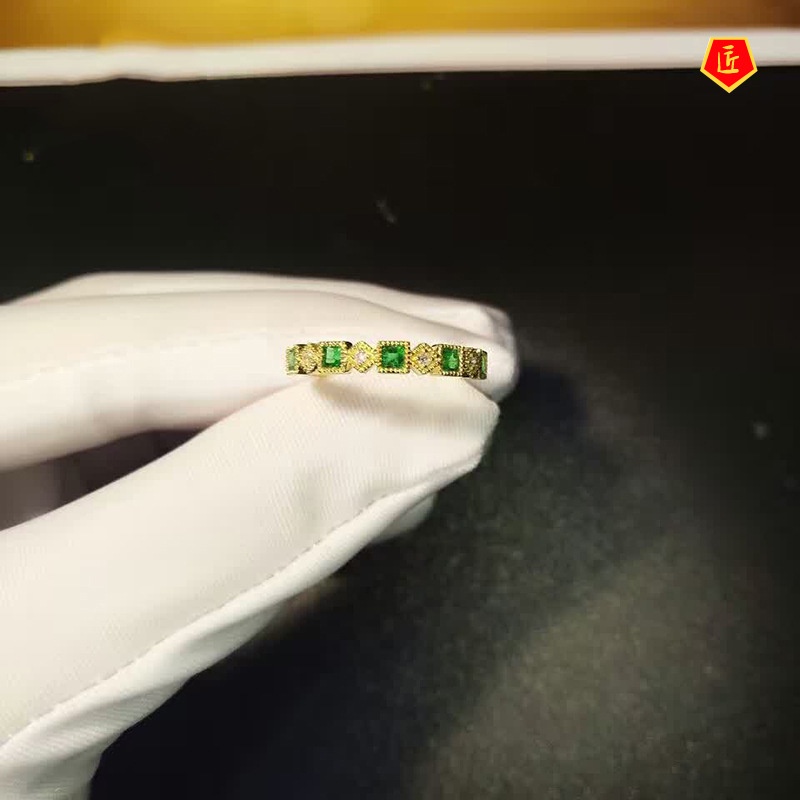 [Ready Stock]Simple Personality Square Diamond Emerald Ring 18K Gold