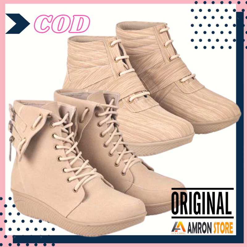 Sepatu Boots Wanita Korea Kasual Sintetis Cream