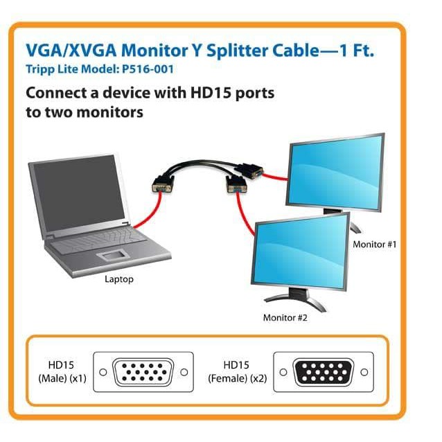 Kabel VGA splitter cabang 1male ke 2female DB15 - VGA Splitter 2 Port