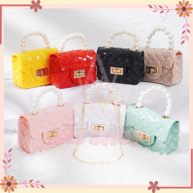 Tas Jelly Glossy Mini Anyam Pearl | Tas Fashion Korea Glossy Pearl Motif Anyam