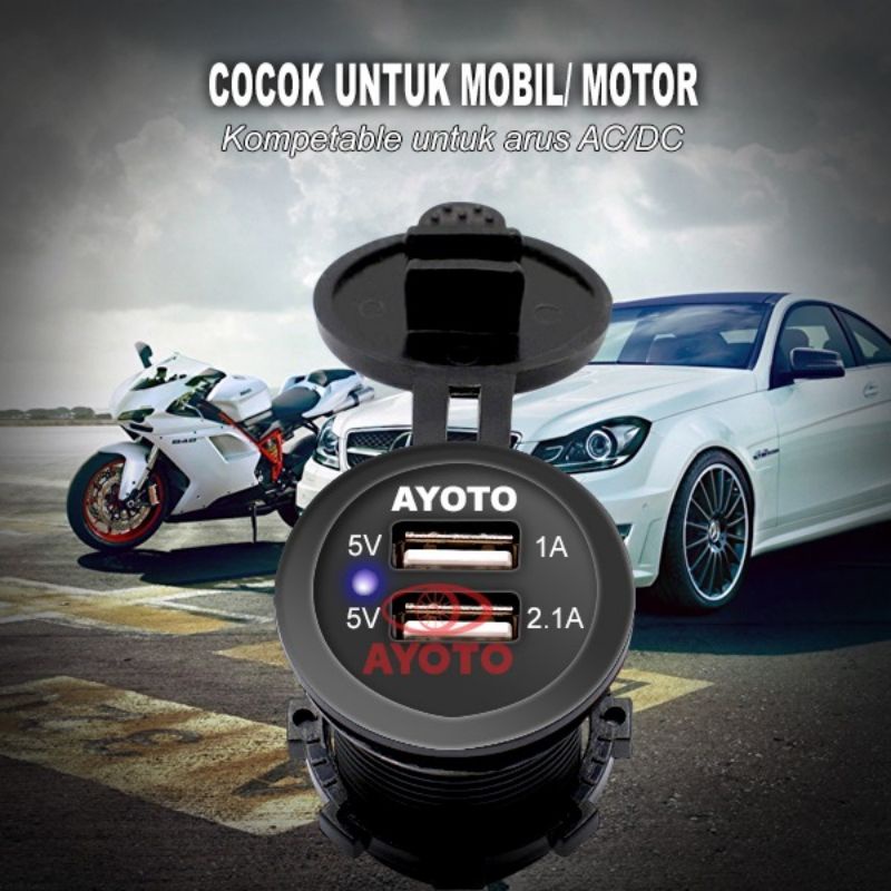 Charger Motor Mobil Dual USB Voltmeter LED Digital Waterproof