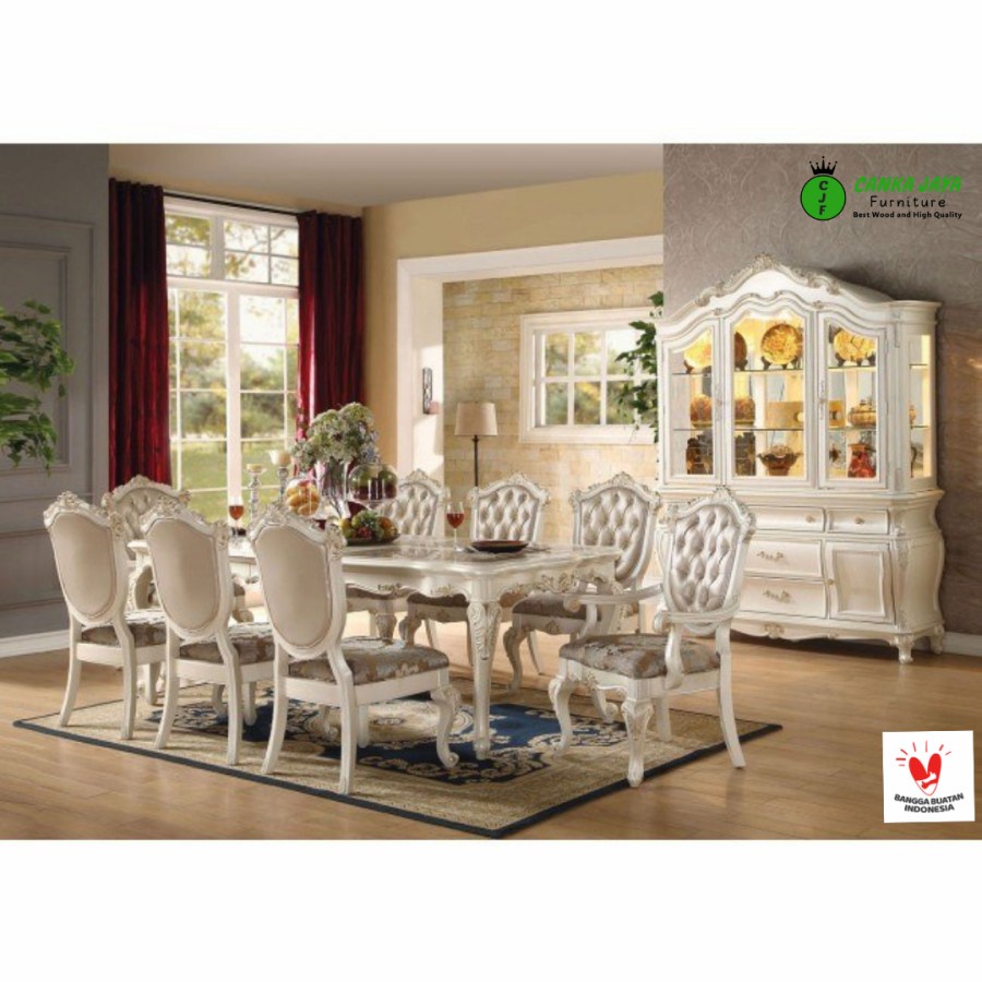 CANKA - Set Meja Makan Klasik Ukir Mewah 8 Kursi Sofa Busa