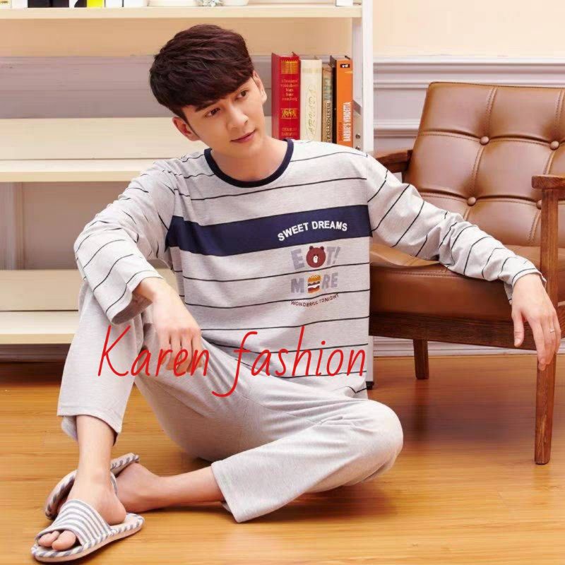 Baju tidur piyama kaos setelan panjang pria cowok import LINE BROWN EAT MORE