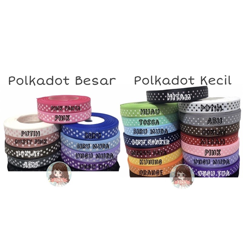 ( Rol 20 Yard ) PITA GROSS GRAIN POLKADOT 0.5 INCH / 1.25 CM / 1/2 IN ONDE KECIL GROSSGRAIN / BESAR HIASAN KADO / PARCEL / GIFTS PARSEL SNACK DEKOR DEKORASI