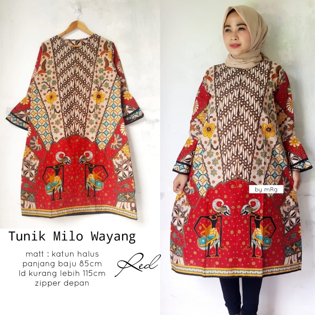 BUSANA WANITA MUSLIM,TUNIK MILO WAYANG RED,BATIK TUNIK SOLO