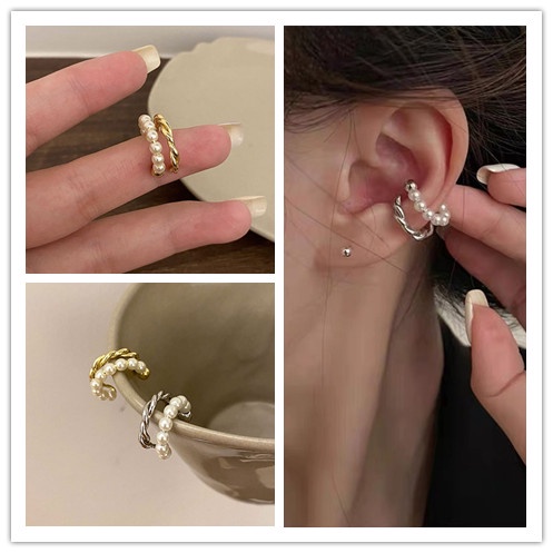 1pc Anting Klip Telinga Wanita Model retro Elegan Bentuk Lingkaran Ganda Hias Mutiara