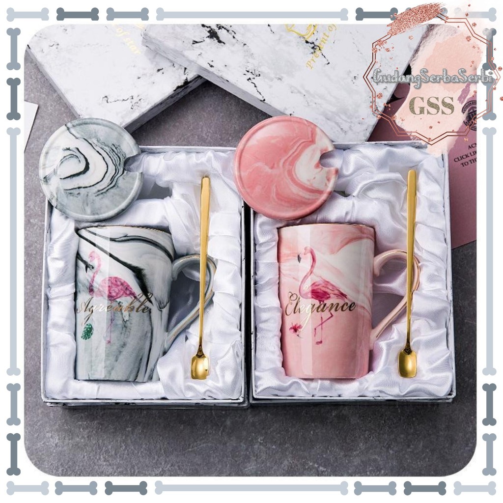 

GSS - Gelas Keramik Marble Motif Mr Mrs dan Flamingo Pink Abu Tutup Sendok 450ml 5071