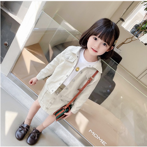 SETELAN LENGAN PANJANG + ROK ANAK CEWEK MODEL KEMEJA CREAM PINK  100-140 KANCING BULAT BULAT