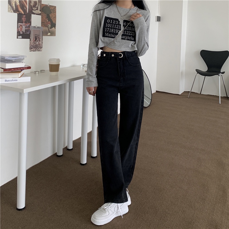 korean style new hitam kekinian longgar pengait celana jeans panjang wanita