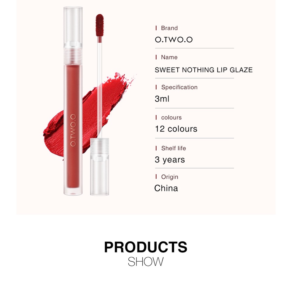 O.Two.O Sweet Nothing Lip Glaze O.Two.O Velvet Matte Super Waterproof Lipgloss Waterproof Lipstick O.Two.O Lipstick Otwoo Lipstick O Two O Lipgloss O.Two.O Lipstick Glossy O.Two.O