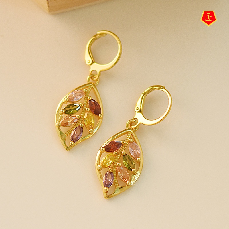 [Ready Stock]New 18K Gold Leaf Inlaid Colored Gemstone Earrings