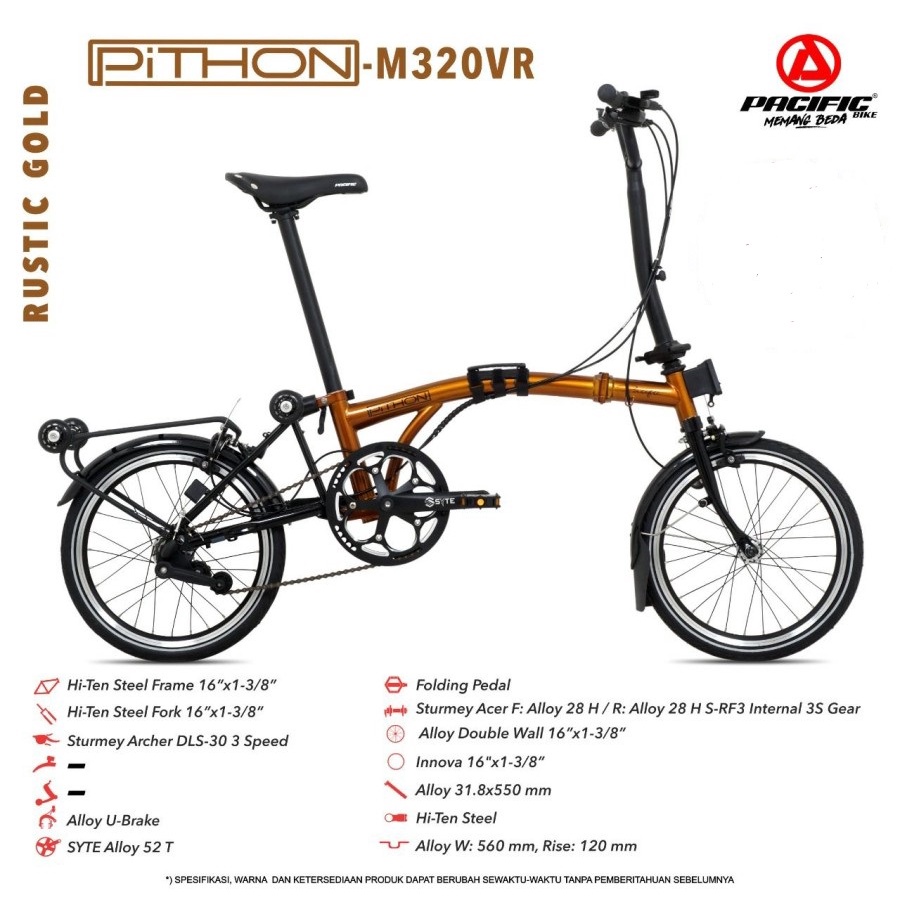 Sepeda Lipat Pacific STEEL PITHON M320VR 1x3 MD 16 Inch Garansi SNI-3