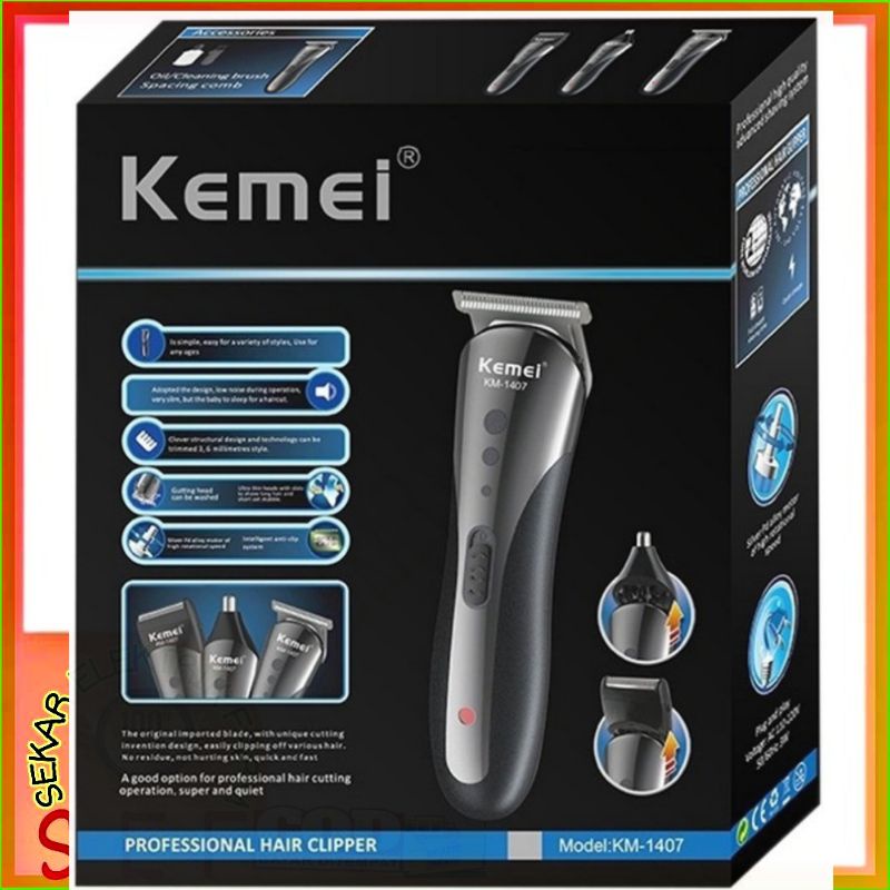 Kemei KM-1407 Hair Clipper Electric Shaver Alat Cukur Rambut Elektrik Portabel Baterai Charger