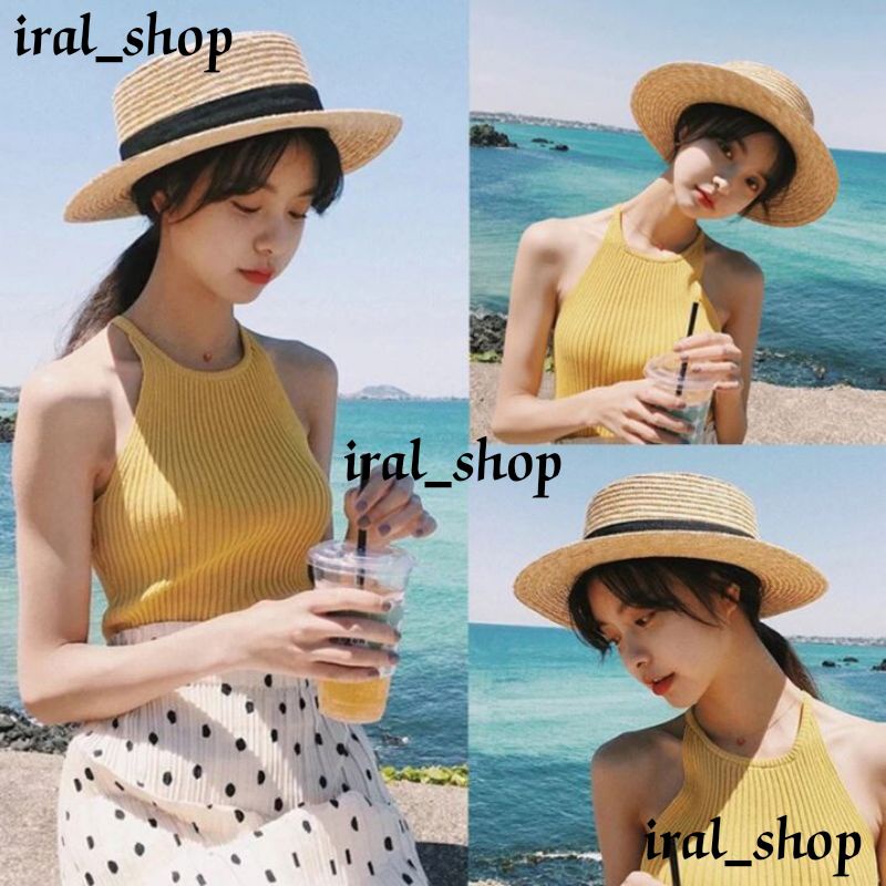 Topi Pantai Bahan Jerami Wanita Import / Topi pantai pita import / topi pantai wanita import